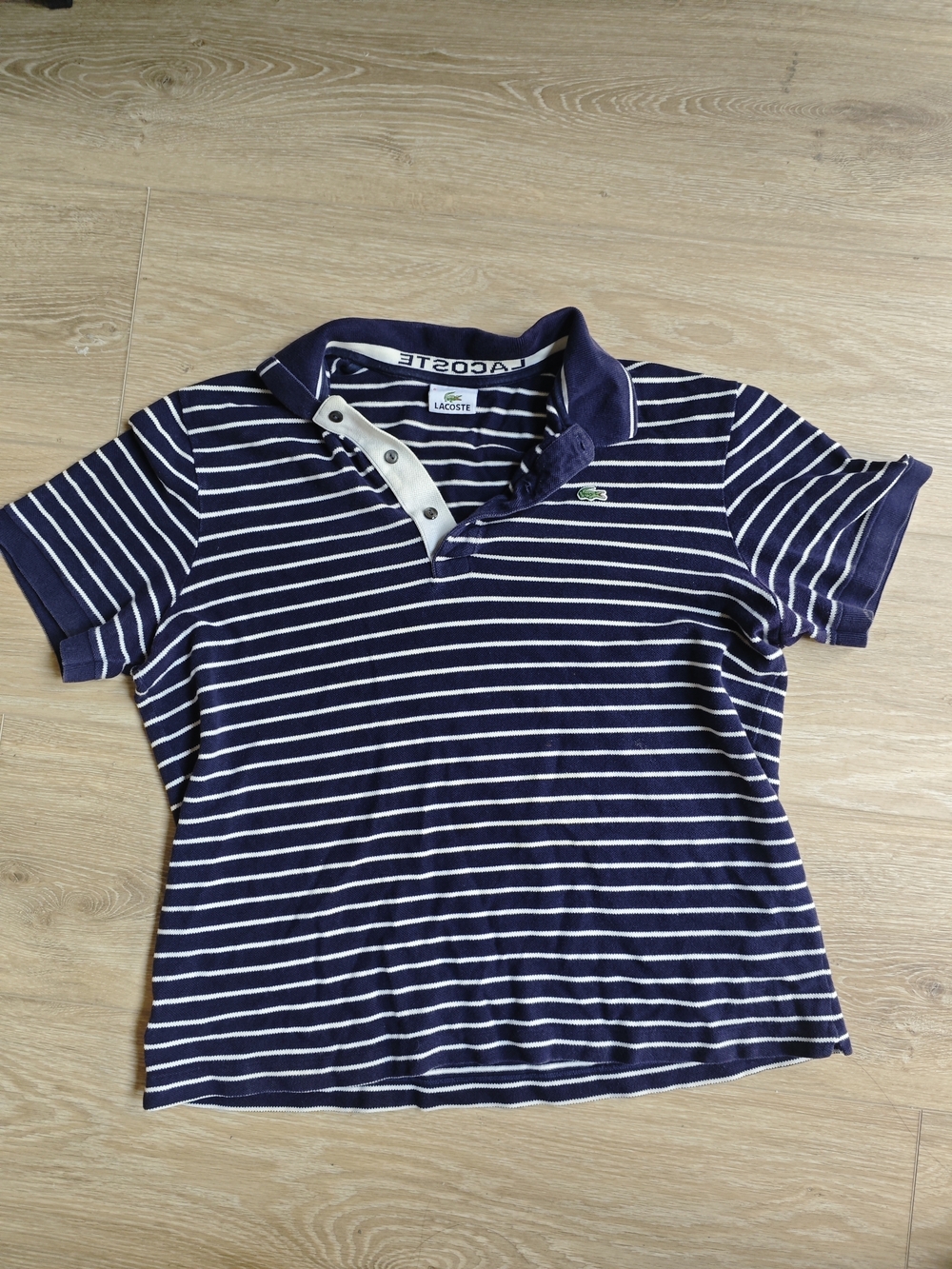 Lacoste Navy and White Striped Polo with Green Crocodile